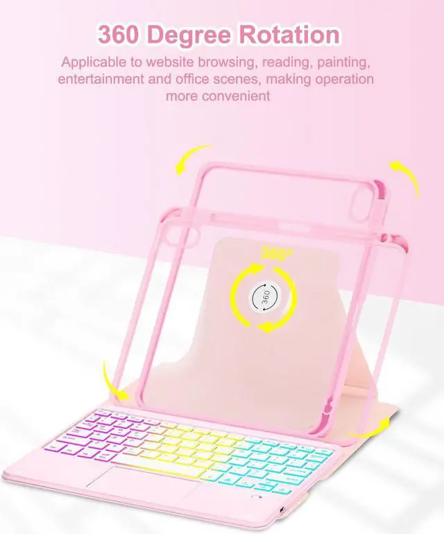Alt view image 4 of 5 - MePadKey Touchpad Keyboard Case for iPad (A16) 11th 10th Generation, 360 Rotation Cover with Pencil Holder Wireless Backlit Detachable Keypad for iPad 11 inch 2025/10 Gen 10.9" 2022 Pink