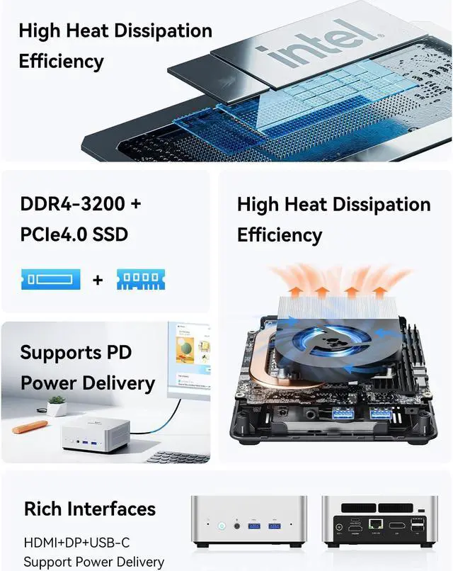 Alt view image 3 of 5 - MINISFORUM Venus Series UN1250 Mini PC Core i5-1250P(12C/16T, up to 4.4GHz) 16GB RAM 1TB SSD, HDMI/DP/USB-C 4K@60Hz Triple Outputs, 2.5G LAN, WiFi6E, 4X USB Port Desktop Computer