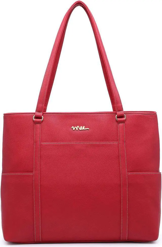 Main image of NNEE Classic Laptop Leather Tote Bag for 15 15.6 inch Notebook Computers Travel Carrying Bag with Smart Trolley Strap Design - Red