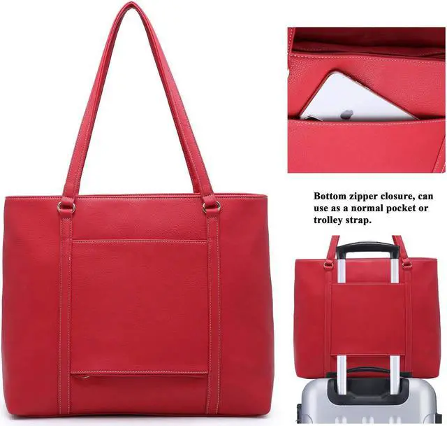 Alt view image 2 of 5 - NNEE Classic Laptop Leather Tote Bag for 15 15.6 inch Notebook Computers Travel Carrying Bag with Smart Trolley Strap Design - Red