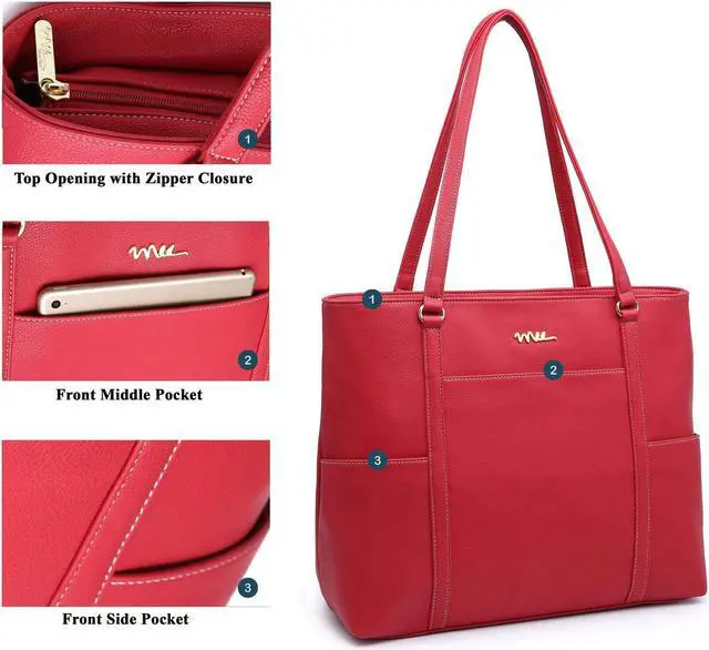 Alt view image 3 of 5 - NNEE Classic Laptop Leather Tote Bag for 15 15.6 inch Notebook Computers Travel Carrying Bag with Smart Trolley Strap Design - Red