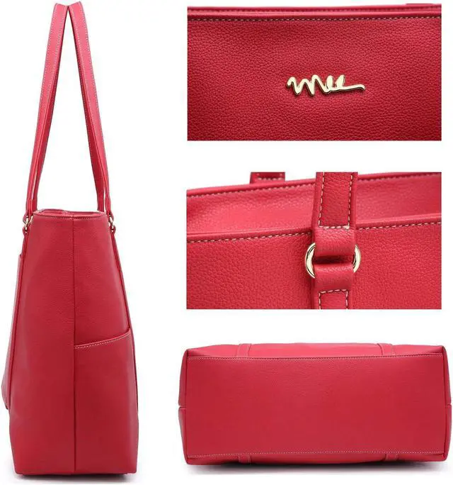 Alt view image 4 of 5 - NNEE Classic Laptop Leather Tote Bag for 15 15.6 inch Notebook Computers Travel Carrying Bag with Smart Trolley Strap Design - Red