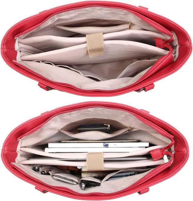 Alt view image 5 of 5 - NNEE Classic Laptop Leather Tote Bag for 15 15.6 inch Notebook Computers Travel Carrying Bag with Smart Trolley Strap Design - Red