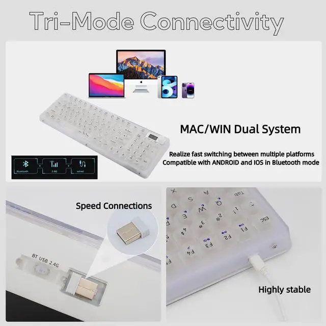 Alt view image 2 of 5 - Odpaltoy V99 Hot Swappable Transparent Mechanical Keyboard with OLED Display,98 Keys RGB Custom Gaming Gasket Structures with BT5.1/2.4G/USB-C for Windows/Mac,Pioneer V1 Satellite Axis