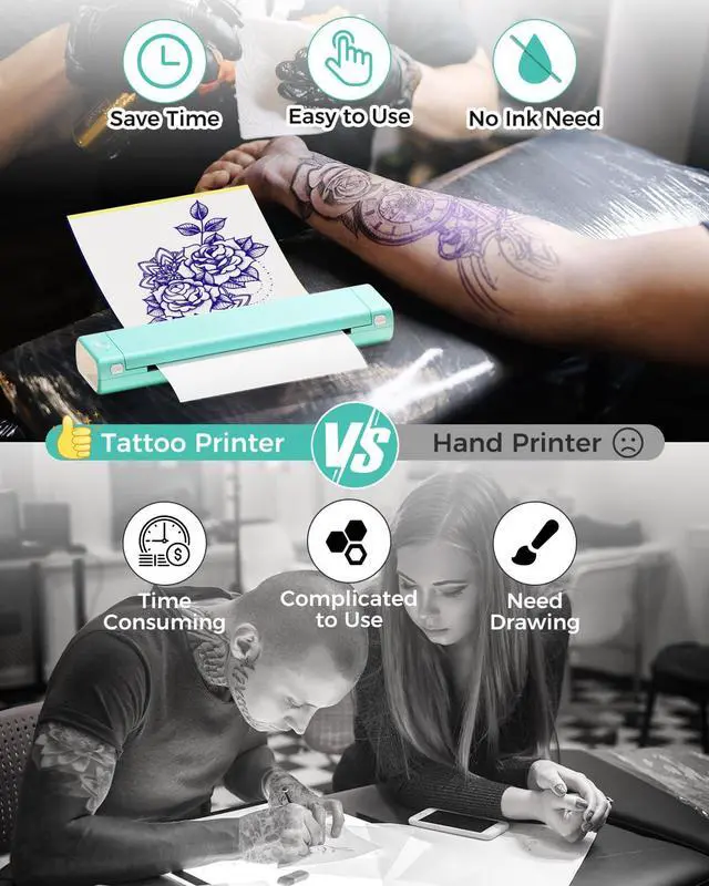 Alt view image 2 of 5 - Phomemo Tattoo Stencil Printer M08F with 45 Sheets & Case, Bluetooth & USB, Compatible with Phone, Tablet & PC, Turquoise