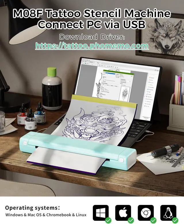 Alt view image 4 of 5 - Phomemo Tattoo Stencil Printer M08F with 45 Sheets & Case, Bluetooth & USB, Compatible with Phone, Tablet & PC, Turquoise