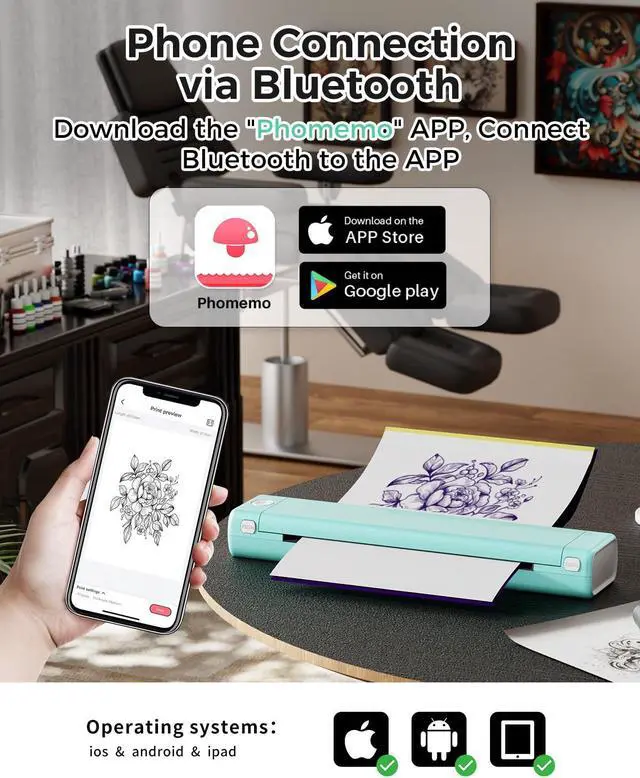 Alt view image 3 of 5 - Phomemo Tattoo Stencil Printer M08F with 45 Sheets & Case, Bluetooth & USB, Compatible with Phone, Tablet & PC, Turquoise