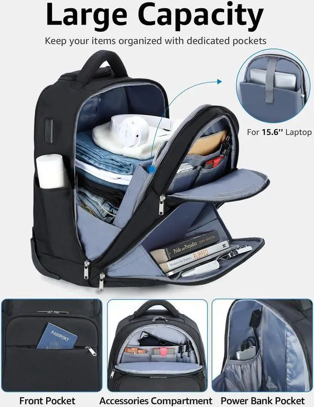 Alt view image 2 of 5 - Ponhog Rolling Backpack, 30L Travel Laptop Backpack with Wheels, 15.6 Inch Roller Carry on Luggage with USB Charging Port, Flight Approved Personal Item Wheeled Suitcase for Men Women Adults, Black