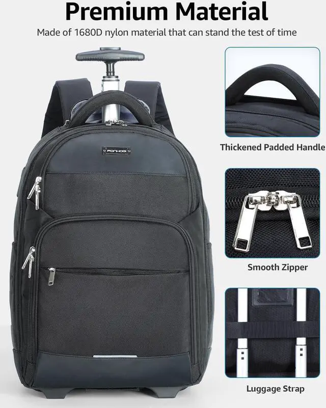 Alt view image 5 of 5 - Ponhog Rolling Backpack, 30L Travel Laptop Backpack with Wheels, 15.6 Inch Roller Carry on Luggage with USB Charging Port, Flight Approved Personal Item Wheeled Suitcase for Men Women Adults, Black