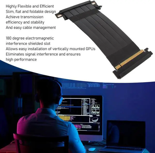 Alt view image 2 of 5 - PUSOKEI PCIE 4.0 x16 Extender Riser Cable, High Speed Flex Dual Sided Reverse 180 Degree PCI E Ports GPU Graphic Card Extension Cable for RX 7900 7800 7700 7600 7500,etc (Black)