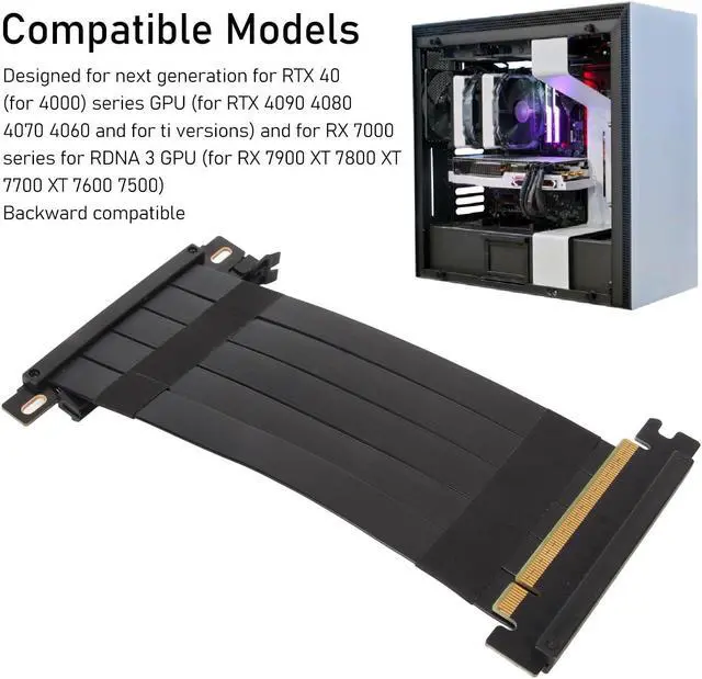 Alt view image 4 of 5 - PUSOKEI PCIE 4.0 x16 Extender Riser Cable, High Speed Flex Dual Sided Reverse 180 Degree PCI E Ports GPU Graphic Card Extension Cable for RX 7900 7800 7700 7600 7500,etc (Black)