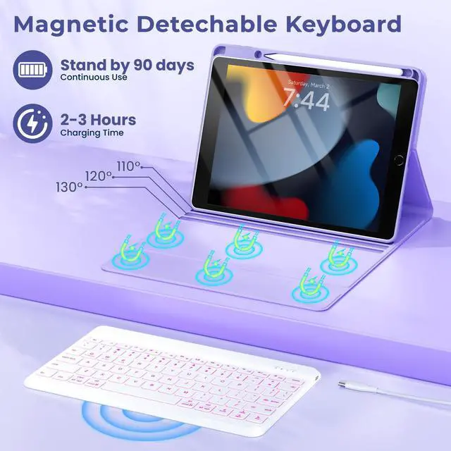 Alt view image 2 of 5 - Keyboard Case for iPad 9th/8th/7th Generation 10.2 inch 2021/2020/2019, iPad Pro 10.5-inch Case with Keyboard,iPad Air 3 2019, 7 Color Backlit Removable Bluetooth Wireless Keyboard Folio Case(Purple)