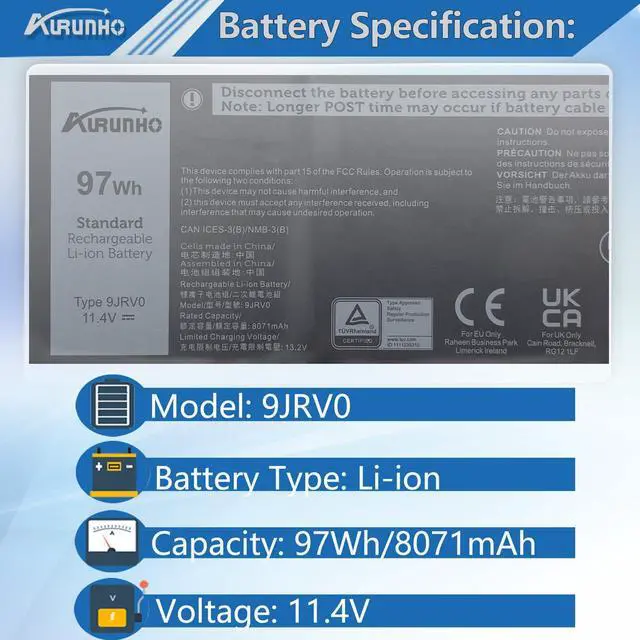 Alt view image 2 of 5 - AURUNHO 9JRV0 97Wh Laptop Battery Replacement for Dell Precision 3581 3571 3561 Latitude 5531 5521 Alienware m18 R1 R2 Series Alienware m17 R5 AMD Series 11.25V
