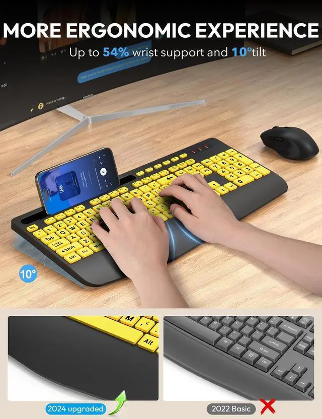 Alt view image 3 of 5 - SABLUTE Wireless Keyboard and Mouse, Wrist Rest, Large Print, Phone Holder, 2.4G Ergonomic Keyboards Mouse Combo, Silent Cordless High Contrast Set for Low Vision and The Elderly, Battery Powered