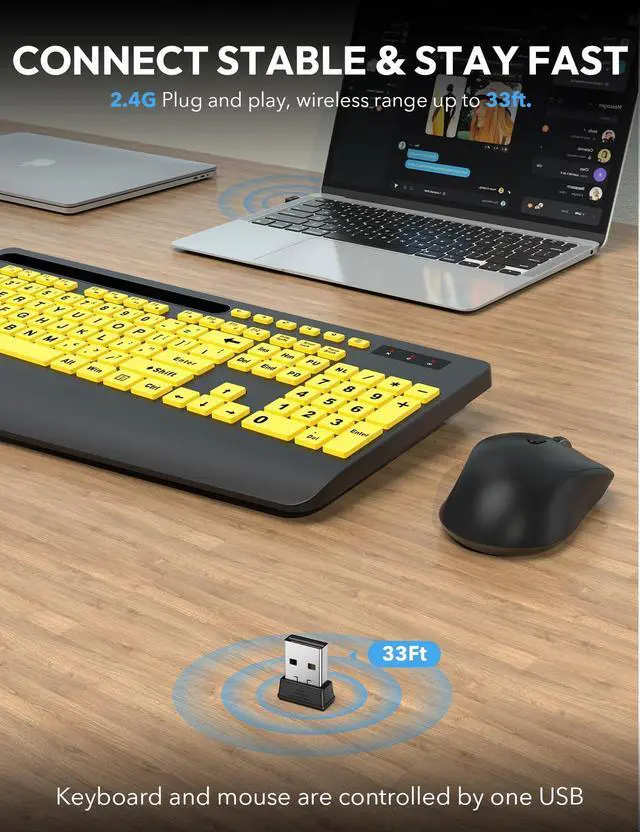 Alt view image 5 of 5 - SABLUTE Wireless Keyboard and Mouse, Wrist Rest, Large Print, Phone Holder, 2.4G Ergonomic Keyboards Mouse Combo, Silent Cordless High Contrast Set for Low Vision and The Elderly, Battery Powered