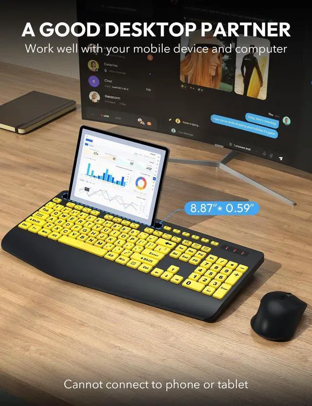 Alt view image 4 of 5 - SABLUTE Wireless Keyboard and Mouse, Wrist Rest, Large Print, Phone Holder, 2.4G Ergonomic Keyboards Mouse Combo, Silent Cordless High Contrast Set for Low Vision and The Elderly, Battery Powered