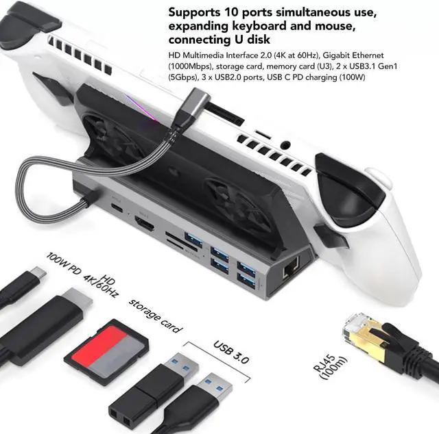 Alt view image 2 of 5 - 10 in 1 Docking Station for Rog Ally Dock Steam Deck, USB C Docking Station Dual HDMI Monitor with Gigabit Ethernet (1000Mbps) Storage Card Memory Card 2xUSB3.1 Gen1 (5Gbps) 3xUSB2.0 PD Charging