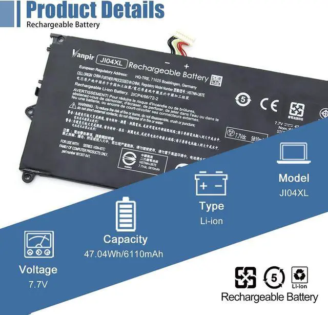 Alt view image 2 of 5 - VANPIR JI04XL 901247-855 901307-541 Laptop Battery Compatible with Hp Elite X2 1012 G2 Notebook for HP Elite X2 1012 G2-1LV76EA Notebook HSTNN-UB7E JI04047XL 2ICP4/66/72-2 7.7V 47.04Wh 6110mAh