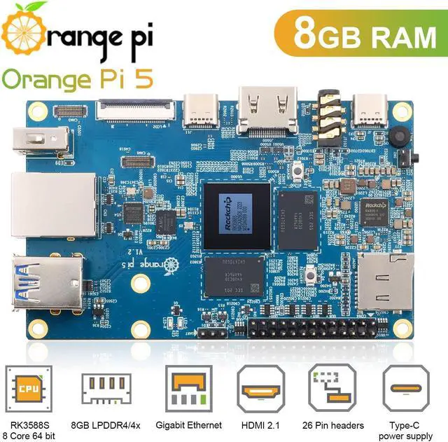 Alt view image 2 of 5 - Orange Pi 5 8GB Rockchip RK3588S 8-Core 64 Bit Single Board Computer, Up to 2.4GHz and 8K Video Codec Support Development Board Run Orange Pi/Ubuntu/Debian/Android 12 OS (8GB+ Power Supply)