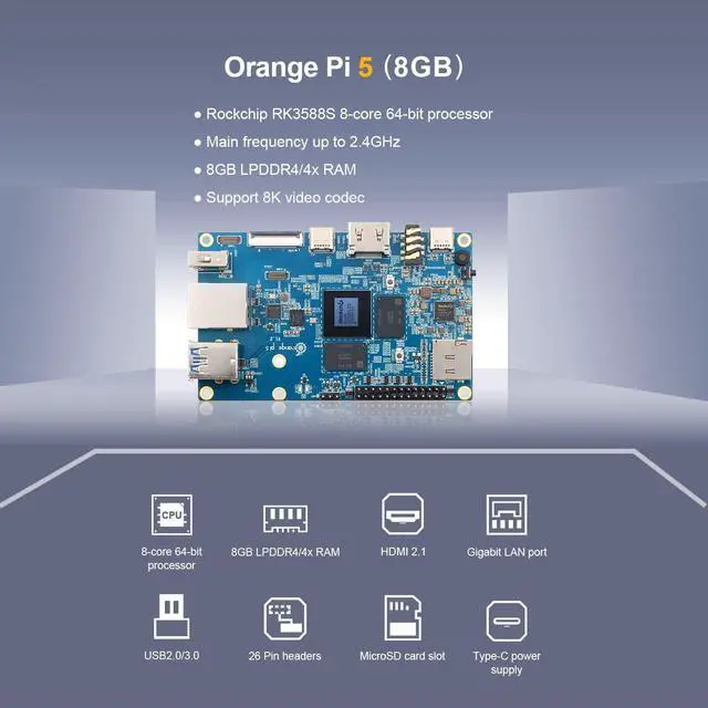 Alt view image 3 of 5 - Orange Pi 5 8GB Rockchip RK3588S 8-Core 64 Bit Single Board Computer, Up to 2.4GHz and 8K Video Codec Support Development Board Run Orange Pi/Ubuntu/Debian/Android 12 OS (8GB+ Power Supply)