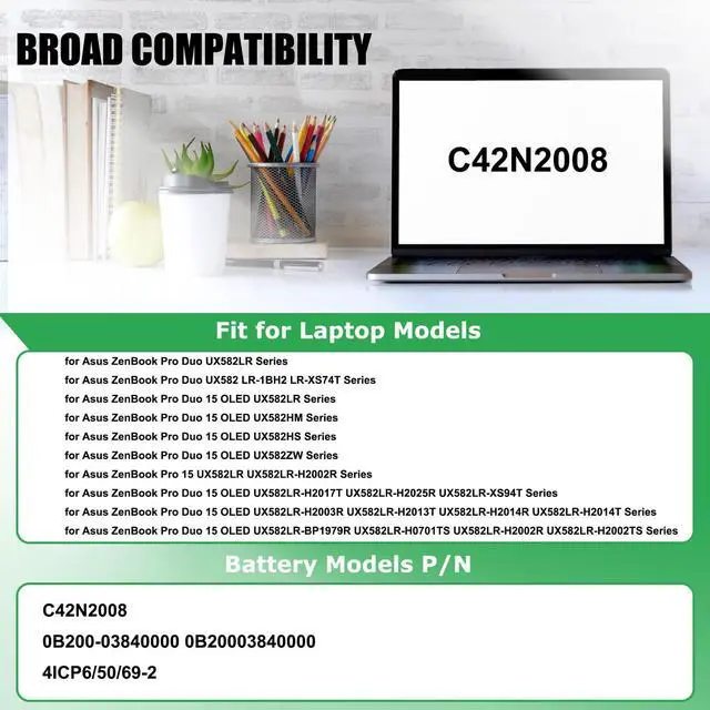 Alt view image 3 of 5 - RHKRKQN C42N2008 Laptop Battery Replacement for ASUS ZenBook Pro Duo 15 OLED UX582 UX582L UX582LR UX582HM UX582HS UX582LR-H2002R UX582LR-BP1979R UX582LR-H2002TS H2003R UX582LR-H2017T 15.48V 92Wh