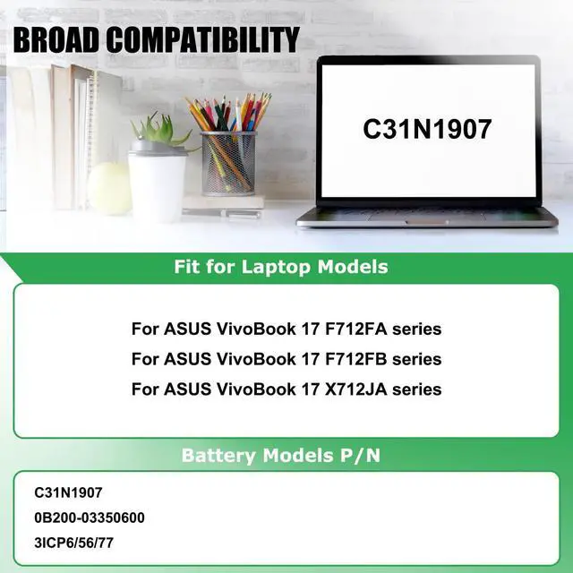 Alt view image 3 of 5 - RHKRKQN C31N1907 Laptop Battery Replacement for Asus VivoBook 17 X712JA F712FB F712FA F712FA-AU239T F712FA-BX535T F712FA-DB51 F712FB-AU154T F712FB-AU239T Series 0B200-03350600 11.49V 47Wh 4165mAh