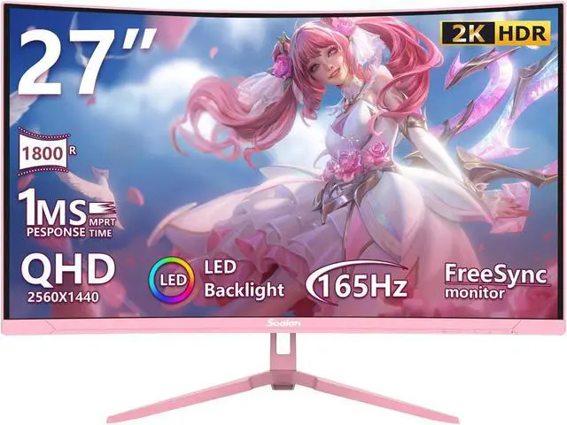 Sealan Pink 27 inch Curved Gaming Monitor 2K 165Hz, QHD