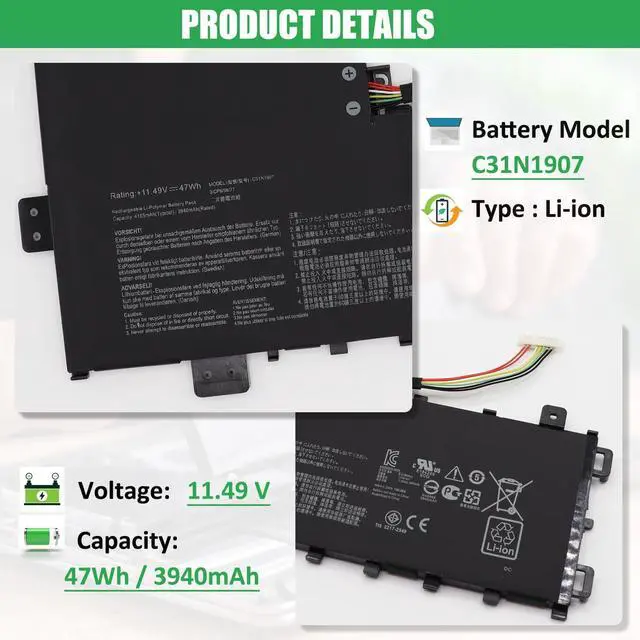Alt view image 2 of 5 - RHKRKQN C31N1907 Laptop Battery Replacement for Asus VivoBook 17 X712JA F712FB F712FA F712FA-AU239T F712FA-BX535T F712FA-DB51 F712FB-AU154T F712FB-AU239T Series 0B200-03350600 11.49V 47Wh 4165mAh