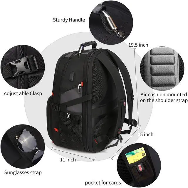 Alt view image 3 of 5 - SHRRADOO Extra Large 50L Travel Laptop Backpack with USB Charging Port, College High School Backpack Airline Approved Business Work Bag Fits 17 Inch Computer for Men Women