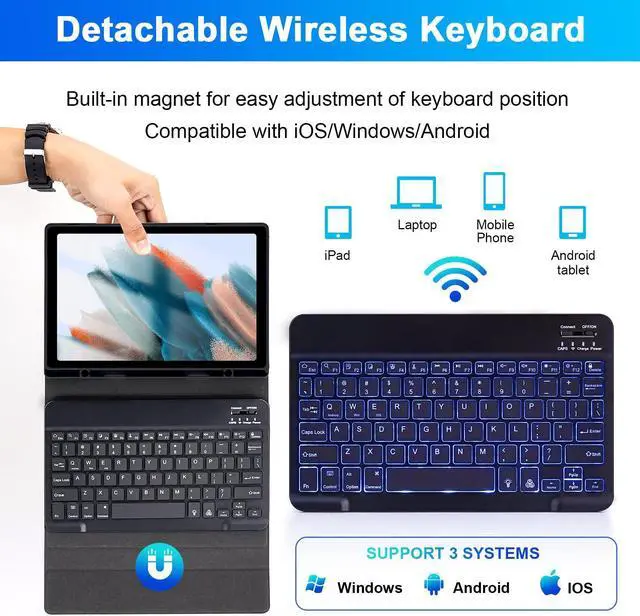 Alt view image 4 of 5 - SOPPY 7 Colors Backlit Keyboard Case for Samsung-Galaxy-Tab A8 10.5 inch 2022(SM-X200/X205/X207), Rechargeable-Detachable-Wireless Galaxy Tab A8 10.5" Slim Keyboard Case with S Pen Holder, Black