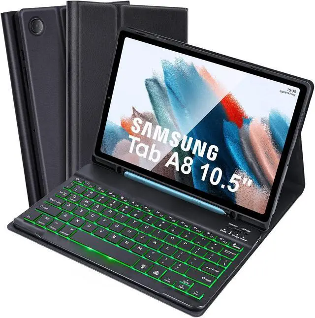 Main image of SOPPY 7 Colors Backlit Keyboard Case for Samsung-Galaxy-Tab A8 10.5 inch 2022(SM-X200/X205/X207), Rechargeable-Detachable-Wireless Galaxy Tab A8 10.5" Slim Keyboard Case with S Pen Holder, Black