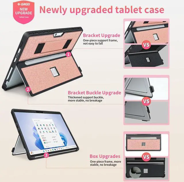 Alt view image 4 of 5 - SSS·GRGB Case fit Microsoft Surface Pro 11/10 /9/8 13-Inch, with Stent Cover, Hand Strap, All-in-one Rugged Case Compatible with Type Cover Keyboards,Coupled Pink