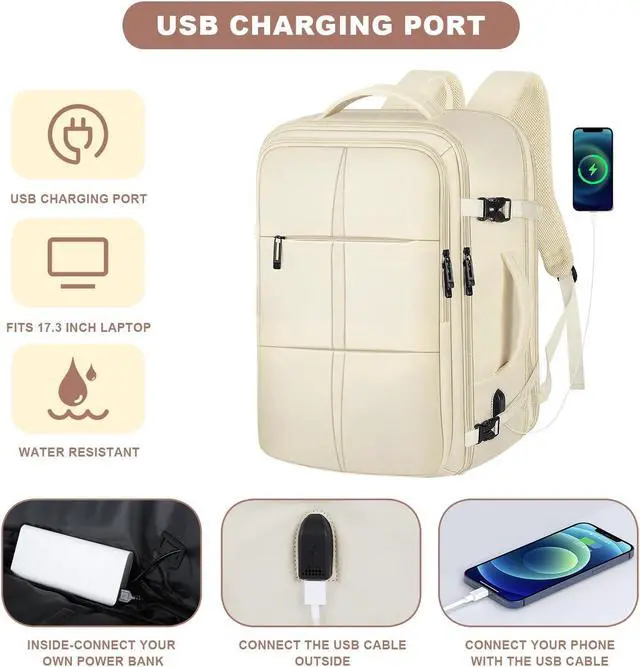 Alt view image 3 of 5 - Travel Backpack, Carry On Backpack for Men Women, 55L Extra Large Bag Waterproof Business Luggage Casual Bag Fits 18.4 Inch Laptops with USB Charging Port, Travelers Gift, Beige