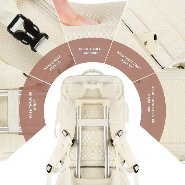 Alt view image 5 of 5 - Travel Backpack, Carry On Backpack for Men Women, 55L Extra Large Bag Waterproof Business Luggage Casual Bag Fits 18.4 Inch Laptops with USB Charging Port, Travelers Gift, Beige