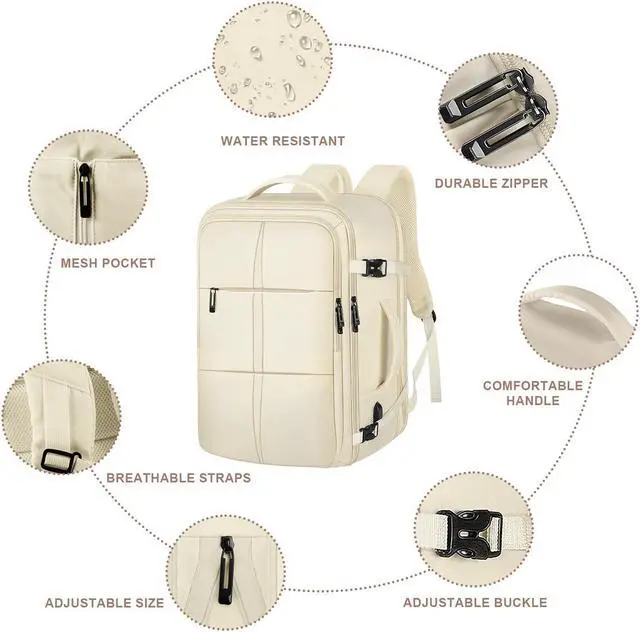 Alt view image 4 of 5 - Travel Backpack, Carry On Backpack for Men Women, 55L Extra Large Bag Waterproof Business Luggage Casual Bag Fits 18.4 Inch Laptops with USB Charging Port, Travelers Gift, Beige