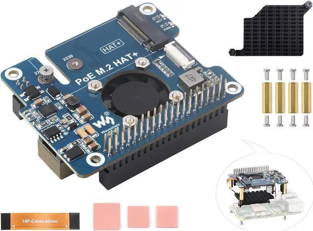 Main image of PCIe to M.2 Adapter with PoE Function Compatible with Raspberry Pi 5, Pi 5 POE HAT M.2-M-Key HAT+ Supports NVMe Protocol M.2 SSD 2230/2242, IEEE 802.3af/at Network Standard with Metal Heatsink