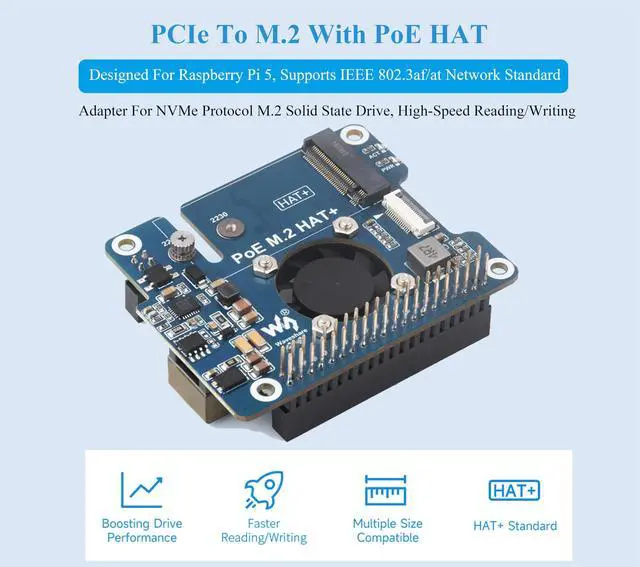 Alt view image 2 of 5 - PCIe to M.2 Adapter with PoE Function Compatible with Raspberry Pi 5, Pi 5 POE HAT M.2-M-Key HAT+ Supports NVMe Protocol M.2 SSD 2230/2242, IEEE 802.3af/at Network Standard with Metal Heatsink