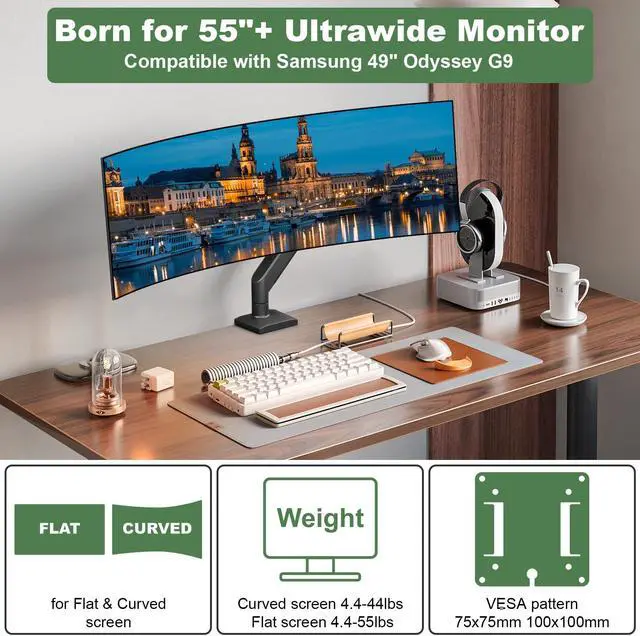 Alt view image 2 of 5 - UPGRAVITY Heavy Duty Monitor Arm for 17-57 inch Screens up to 55lbs, Premium Aluminum Ultrawide Monitor Mount for Samsung 49 Odyssey G9 and LG, VESA 100x100mm, Black