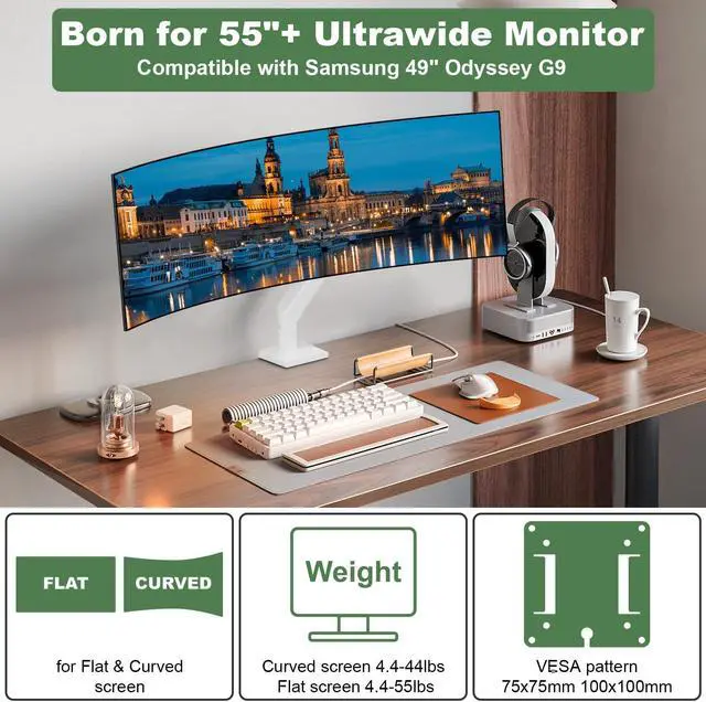 Alt view image 2 of 5 - UPGRAVITY White Monitor Arm for 17-57 Screens up to 55lbs, Premium Aluminum Ultrawide Monitor Mount for Samsung 49 Odyssey G9 and LG, VESA 75/100mm