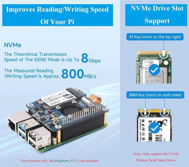 Alt view image 4 of 5 - PCIe to M.2 Adapter with PoE Function Compatible with Raspberry Pi 5, Pi 5 POE HAT M.2-M-Key HAT+ Supports NVMe Protocol M.2 SSD 2230/2242, IEEE 802.3af/at Network Standard with Metal Heatsink