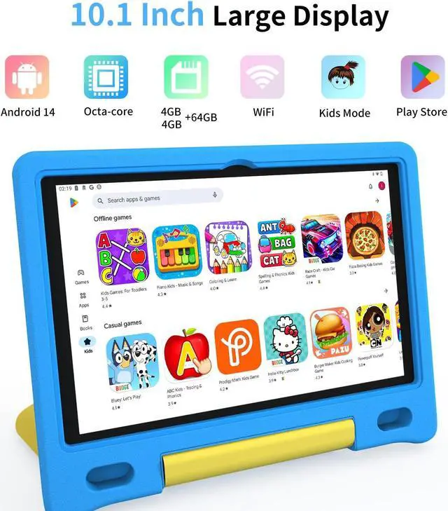 Alt view image 2 of 5 - VNEIMQN Kids Tablet, 10.1 Inch Tablet for Kids, Android 14, 64GB, Octa-Core CPU, WiFi, Big Battery, Kids Conten, Parental Control, HD Display Children Tablet Age 3-12, Bluetooth, Blue Shockproof Case