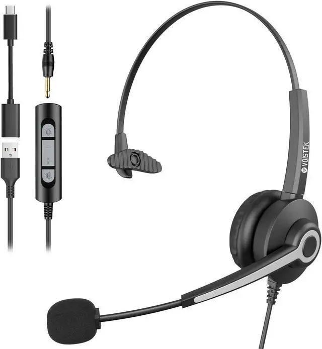 Main image of Voistek USB Headset with Microphone, Wired Headset for Laptop/PC with Noise Cancelling Mic, Single Ear Headphones with in-Line Volume Control for Work, Office, Teams, Zoom, Skype, Online Class