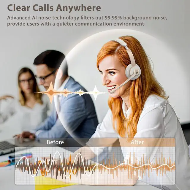 Alt view image 2 of 5 - Wireless Headset, Bluetooth Headset with Microphone, AI Noise Canceling Mic & USB Dongle, Wireless Headphones with Mic Mute & Charging Base for Work from Home/Office/Call Center/PC/Laptop/Zoom
