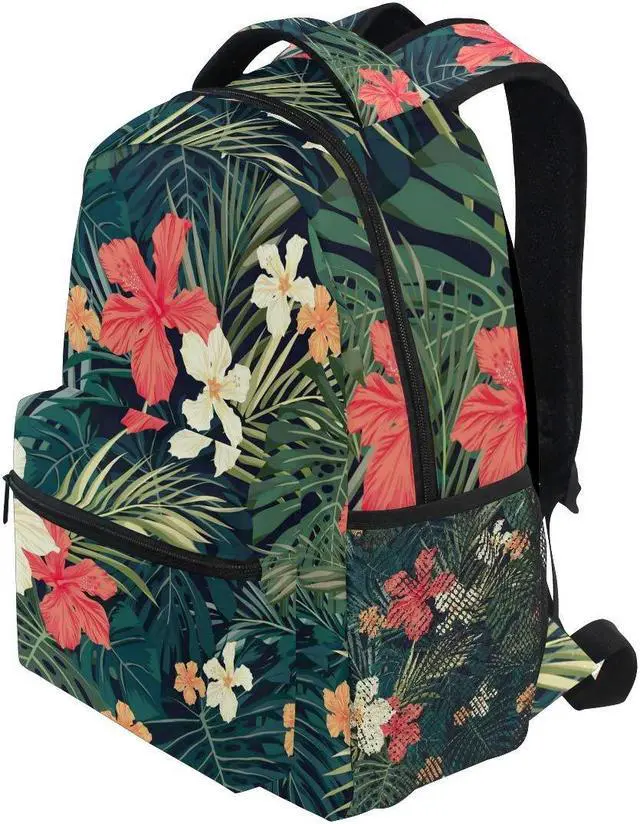 Alt view image 3 of 5 - Wamika Tropical Banana Palm Leaf Backpack for Girls Kids Summer Hibiscus Flowers School Book Bag Casual Extra Durable Waterproof Student Laptop Backpacks Lightweight Travel Sports Day Packs