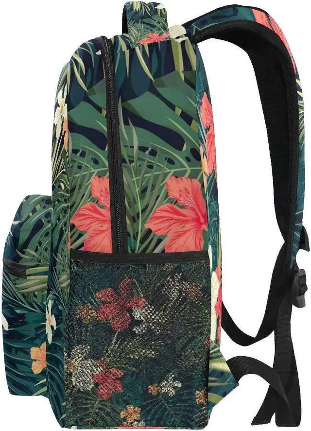 Alt view image 4 of 5 - Wamika Tropical Banana Palm Leaf Backpack for Girls Kids Summer Hibiscus Flowers School Book Bag Casual Extra Durable Waterproof Student Laptop Backpacks Lightweight Travel Sports Day Packs