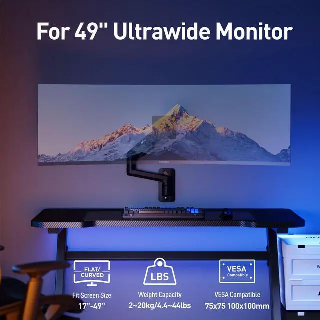 Alt view image 2 of 5 - WALI Single Monitor Wall Mount, Heavy Duty Monitor Arm for Ultrawide Screens up to 49 inch, 44 lbs. Fully Adjustable Gas Spring Arm Max Extension 16.7 inch (GSWM001XL-P), Black