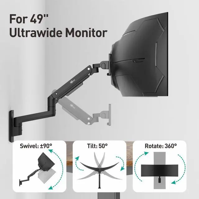 Alt view image 4 of 5 - WALI Single Monitor Wall Mount, Heavy Duty Monitor Arm for Ultrawide Screens up to 49 inch, 44 lbs. Fully Adjustable Gas Spring Arm Max Extension 16.7 inch (GSWM001XL-P), Black