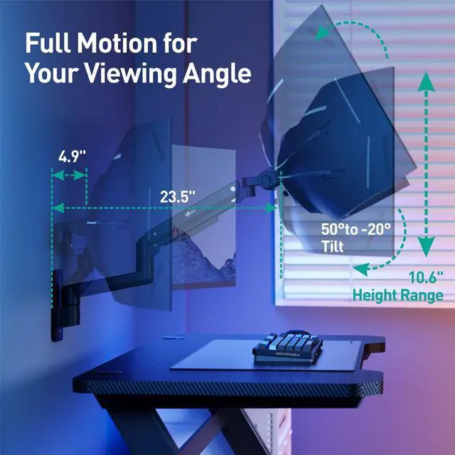 Alt view image 3 of 5 - WALI Single Monitor Wall Mount, Heavy Duty Monitor Arm for Ultrawide Screens up to 49 inch, 44 lbs. Fully Adjustable Gas Spring Arm Max Extension 16.7 inch (GSWM001XL-P), Black
