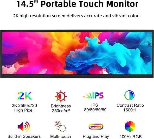 Alt view image 2 of 5 - wisecoco 14.5 Inch Touchscreen Monitor 2K 2560x720 Bar IPS Display DIY Kits Secondary Screen HDMI Type-C Input Build-in Speakers PC Case CPU GPU RAM Temperature Speed Monitoring