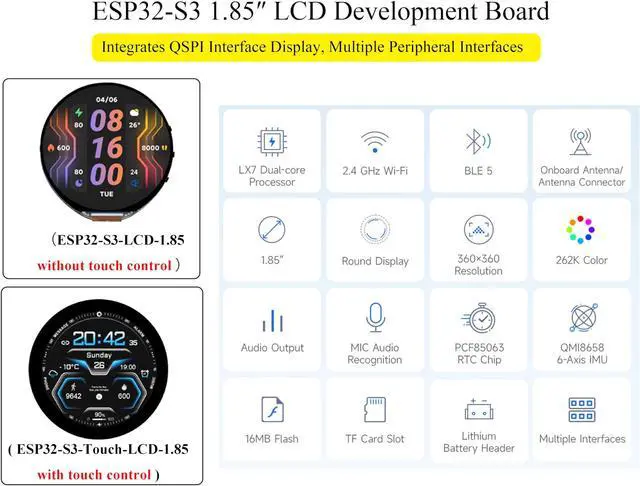 Alt view image 3 of 5 - ESP32-S3 1.85inch Touch Display Development Board, 360×360 IPS LCD, Dual-Core Processor Up to 240MHz, Audio Codec, Support Offline Speech Recognition and AI Speech Interaction, with 8 2W Speaker